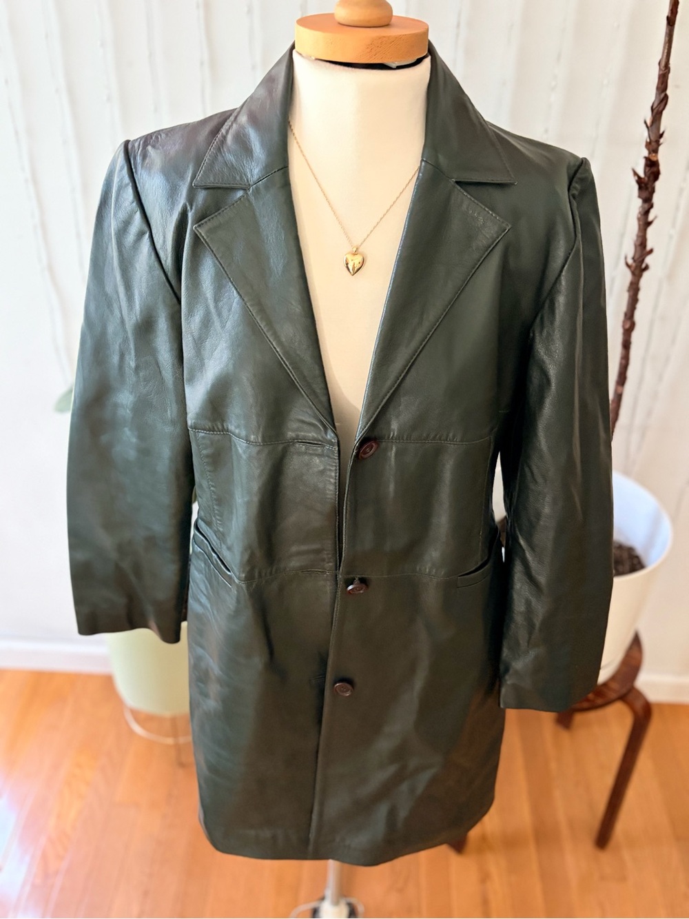 Vintage 90s Dark Green Leather Coat | Carolyn Bessette-Kennedy Minimalist | M